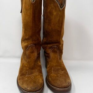 Vintage Vibram Full Suede Cowgirl Boots 7.5 Vibram Resist Oil No Mark Chestnut